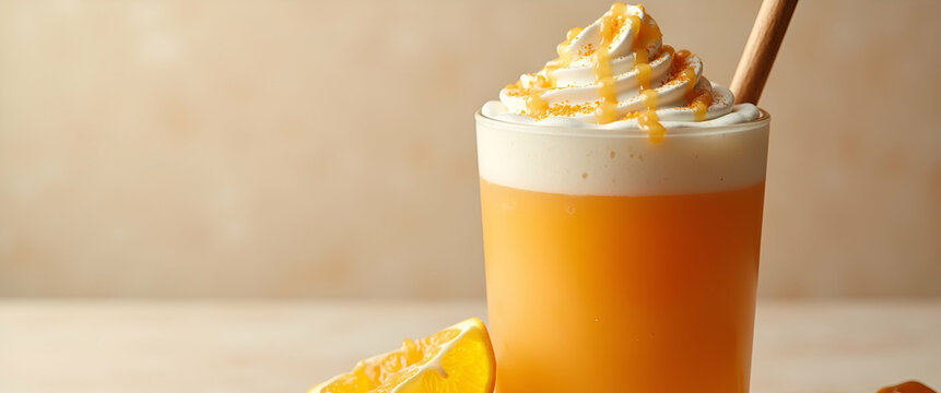 Creamy orange dessert drink with whipped topping and caramel showcasing delicious and indulgent sweet beverage perfect for food photography and menu designs concept as Creamy orange dessert drink topp