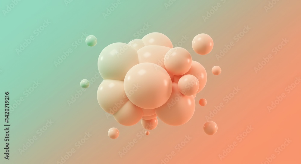 Poster abstract arrangement of spheres in pastel tones against gradient background, creating a soft and mod