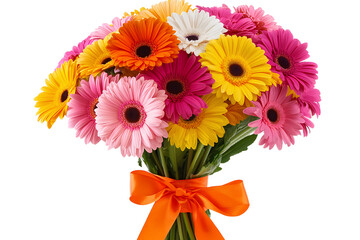 A colorful bouquet of gerbera daisies with an orange ribbon wrapped around the base, isolated on a transparent background
