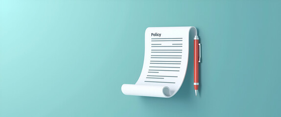 Photo realistic policy document and pen icon design, ample space for text and graphics, ideal for illustrating insurance practices, policy themes, and protection culture.