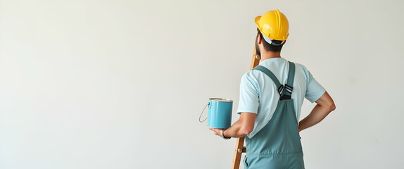 Photo realistic as Person with Ladder and Paint Can for Home Painting Service concept as A person holding a ladder and paint can set against a clean background offering ample space for text or graphic