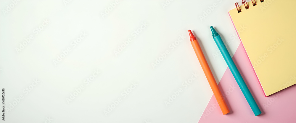 Poster photo realistic notebook and crayons concept - iconic notebook and crayon set on clean background, p