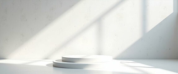 White Podium Display for Product in Interior Room: Sunlight and Shadows on White Concrete Wall - Photo Stock Concept with Empty Space on Left