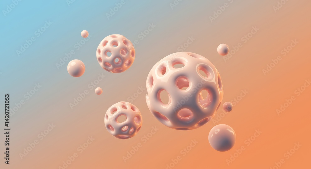 Poster abstract spheres floating in a pastel gradient background creating a modern design. decorative perfo