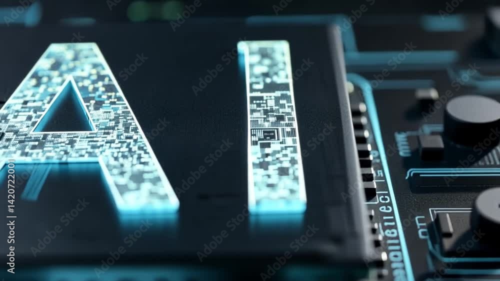 Poster ai innovation: a close-up view showcases a gleaming ai inscription embedded within a sleek circuit b
