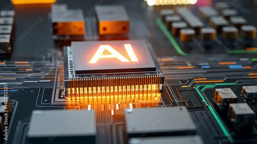 Poster ai chip and circuit board: high-tech composition, showcasing an ai chip at the core of a complex cir