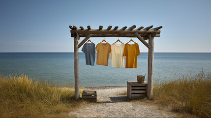 Coastal Clothesline Serenity: A row of stylish garments, basking in the sun, gently swaying on a clothesline structure perched along a serene coastline.