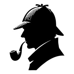 Male detective in classic deerstalker hat with smoking pipe, silhouette style for crime investigation theme, private eye agency branding