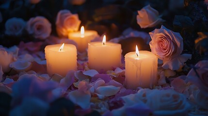 white candles surrounded by roses and flower petals, a serene scene for sympathy and condolence messages 