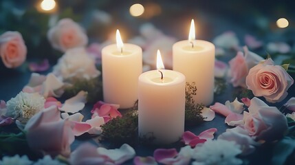 white candles surrounded by roses and flower petals, a serene scene for sympathy and condolence messages 