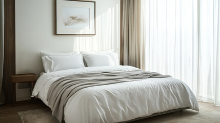 Bedroom with cozy bed, natural light streaming through sheer curtains