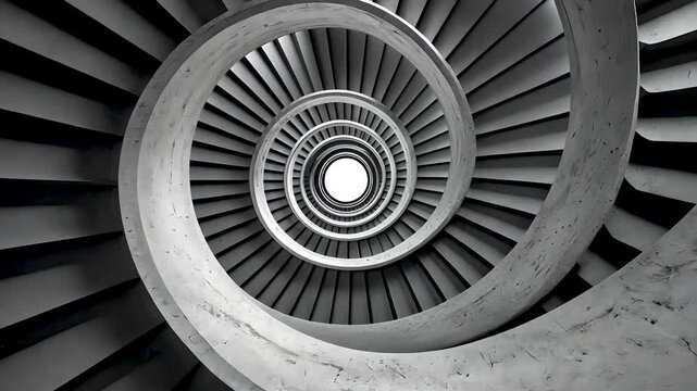 Spiral staircase with geometric concrete design seen from above center point