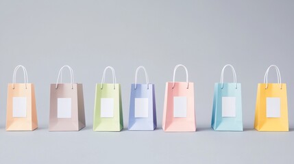 7.A series of shopping bags with colorful labels displayed in a neat row on a gray background. Each shopping bag is a different shade of pastel, and the white labels are ready for personalization or