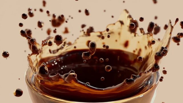 Dynamic Espresso Splash: A close-up shot capturing the dramatic, dynamic moment of coffee being poured, resulting in a striking splash effect.