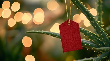 11.A festive Christmas gift tag hanging from a fresh aloe plant shoot, with soft holiday bokeh lights in the background. The gift tag is a traditional red with gold accents, ready to be personalized