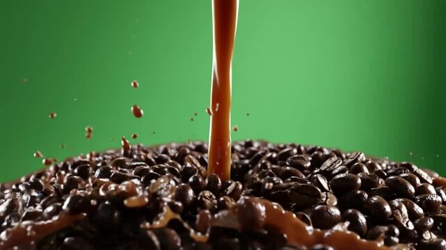 The Essence of Coffee: A captivating shot capturing the pouring of rich coffee over a pile of roasted coffee beans, with a vivid green background. 