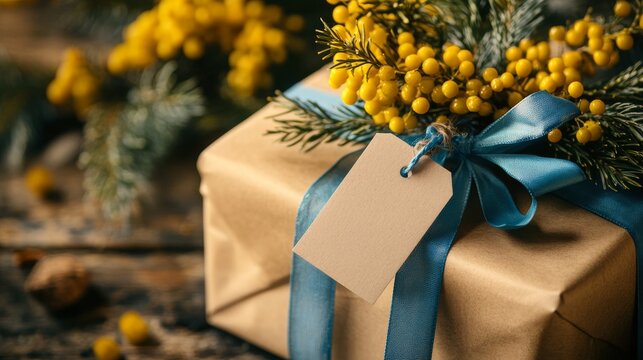 19.A festive and heartfelt gift, wrapped in brown paper with a cheerful blue ribbon and yellow mimosa flowers attached. A blank gift tag hangs from the ribbon, ready to be filled with a personalized