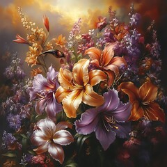 A vibrant floral still life, featuring a hummingbird amidst a profusion of lilies and other blossoms in warm autumnal hues