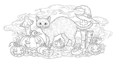 Halloween scene with a black cat standing amidst pumpkins, witch hat and boots in a spooky fog
