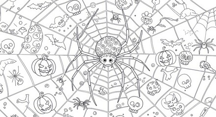 Halloween Spider Web with Spooky Elements Coloring Page for Creative Fun