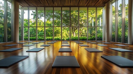Bright yoga studio with wooden floor and large windows overlooking lush green trees.