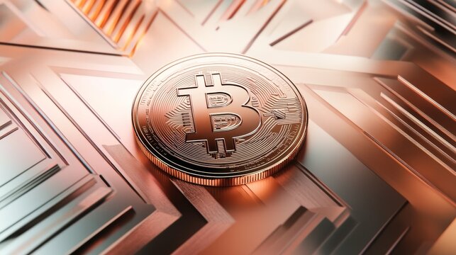 58.A sleek and modern design of Bitcoin currency in a 3D coin format, placed prominently against a backdrop of geometric patterns. The coin gleams with a metallic sheen, showing the iconic Bitcoin