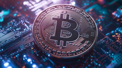 69.A gleaming 3D Bitcoin coin, shining brightly with intricate detailing, set against a geometric background filled with overlapping shapes and dynamic lines. The background features a range of