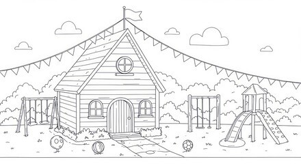 Fototapeta premium Line art illustration of a playground with playhouse, swings, and slide for coloring book