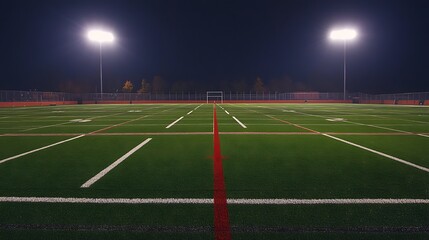 Fototapeta premium Empty football stadium with bright floodlights and pristine turf 