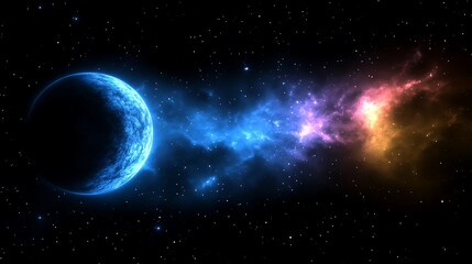 Fototapeta premium A Glimpse of a Distant Exoplanet with colorful Nebula in Starfield