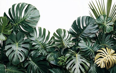 Tropical Monstera Leaves Arrangement Against White Background