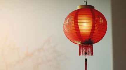 Obraz premium 83.A bright red Chinese paper lantern with a traditional design, featuring detailed patterns and symbols. The lanternâ€™s vibrant color is illuminated with soft light, casting a warm, festive glow. A