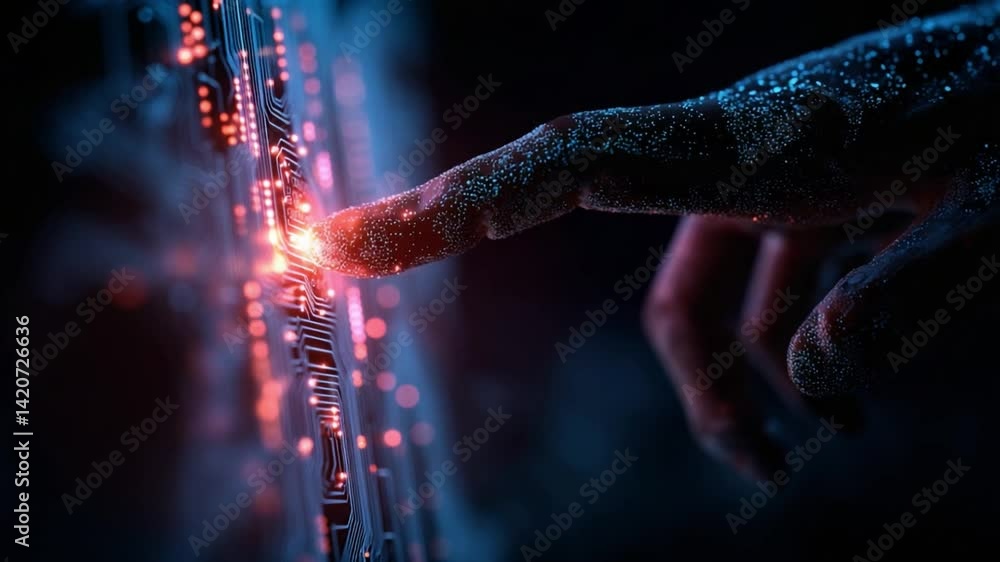 Aufkleber digital touch: a hand interacts with a glowing, futuristic circuit board, representing digital conne