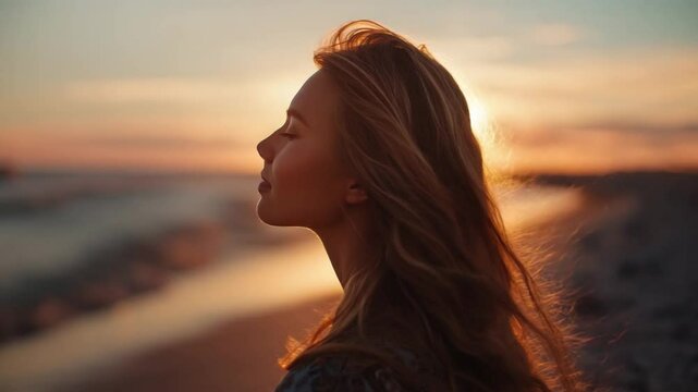 Sunset Serenity: A young woman stands at the edge of a sandy beach, eyes closed, as the sun dips below the horizon, casting a warm golden glow over the sea.