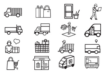 A collection of simple black and white icons depicting delivery trucks, shopping bags, and delivery personnel engaged in various tasks related to logistics and shopping.