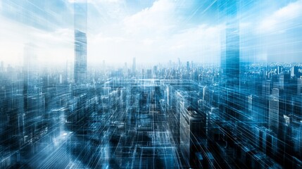 Futuristic city skyline, digital lines, fast motion, cloudscape, tech banner