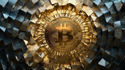 Fototapeta premium 96.A striking 3D representation of a golden Bitcoin coin centered on a modern, geometric background composed of interlocking polygons. The coinâ€™s smooth, shiny surface reflects the surrounding