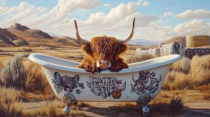 Highland Cow Peering Over Bathtub in Lush Landscape Scene