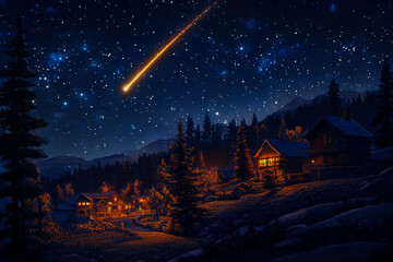 Fototapeta premium It twinkled like a meteor in the dark night sky, illuminating for a moment the quiet trees and houses of a small town nestled in vast farmland.