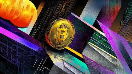 99.An abstract digital illustration of a Bitcoin coin positioned on top of a grid of angular geometric shapes. The coin is highlighted in golden tones, contrasting against a futuristic, dark-colored