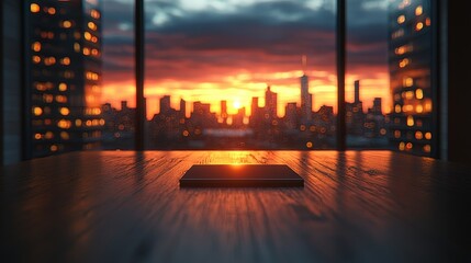 Sunset view from a modern office showcasing a tablet on a wooden table
