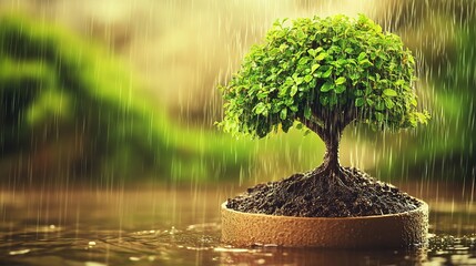 A lone tree stands resilient under heavy rain in an empty lot, reflections shimmering in dramatic light. Solitude and strength amidst nature's force.