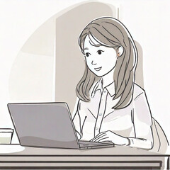 パソコンを使う女性のシンプルなイラスト