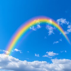 A vibrant rainbow arches across a partly cloudy sky