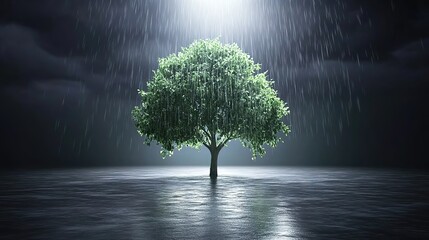 A lone tree stands resilient under heavy rain in an empty lot, reflections shimmering in dramatic light. Solitude and strength amidst nature's force.