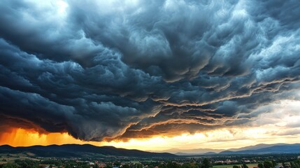 Massive storm clouds gather over a valley at sunset.