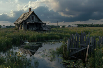 Set against the backdrop of misty swamps, a secluded village filled with vegetation and eerie silence.