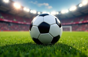 Fototapeta premium Close-up of a soccer ball on a soccer field. a green lawn. Blurred background: arenas, soccer goals
