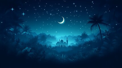 Night Sky Mosque Silhouette with Crescent Moon and Palm Trees