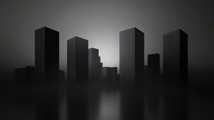 Monochromatic Cityscape: Skyscrapers in Fog on black background